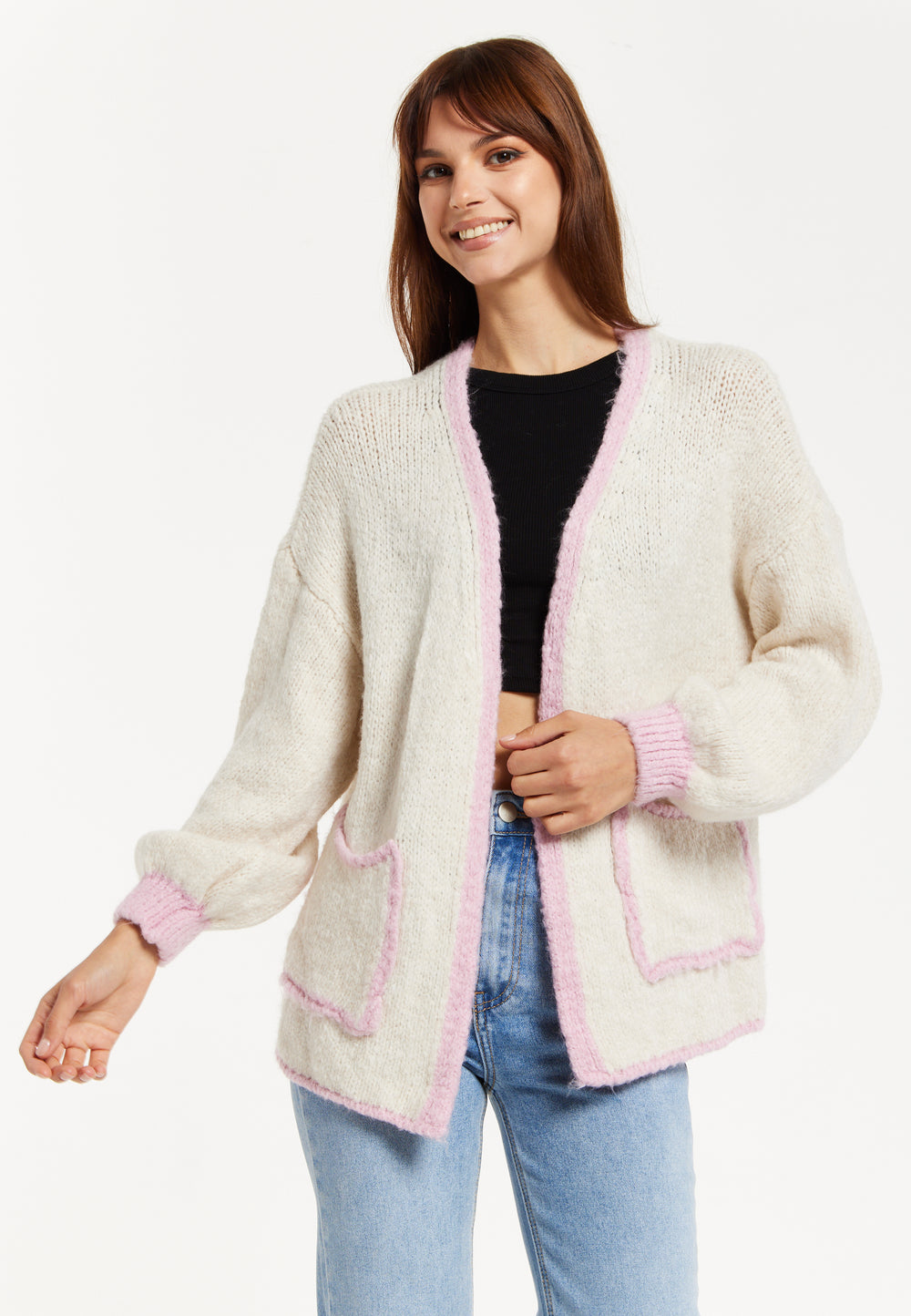 Liquorish Mohair Knitted Cardigan with Pockets in White