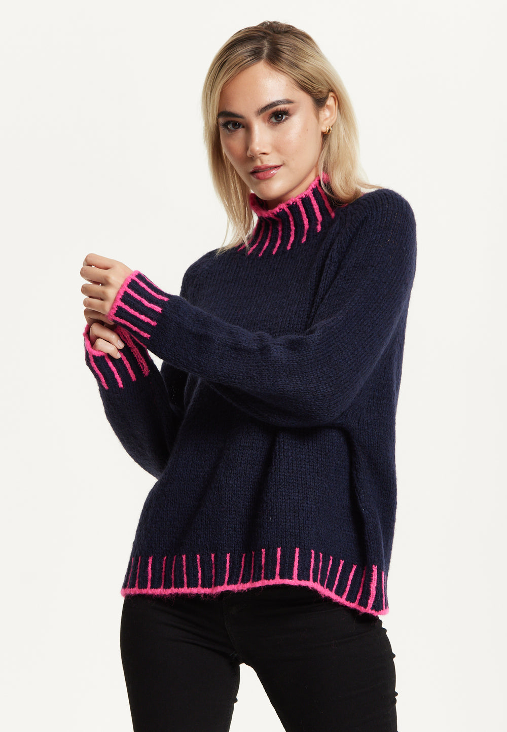 Neon Trim Wool Blend Jumper – Navy