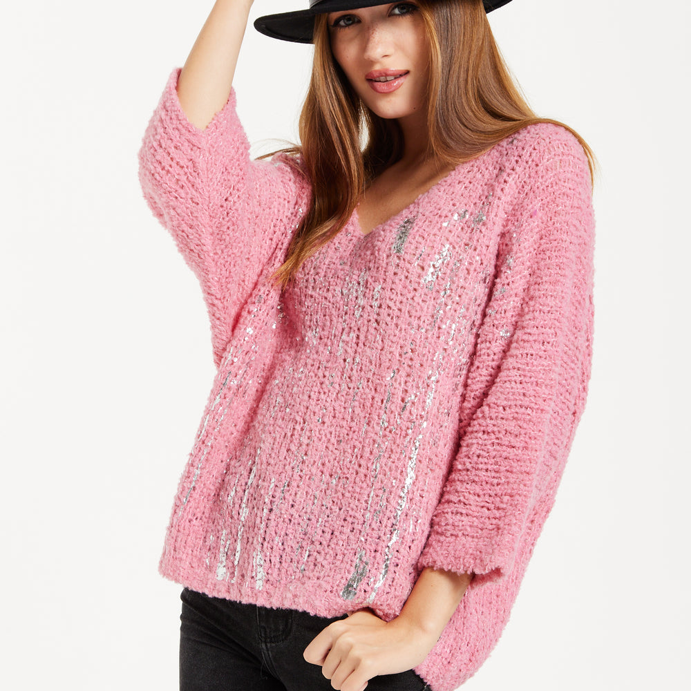 
                  
                    Women's Pink Loose Knit Jumper with Wide Sleeves and Metallic Detail
                  
                