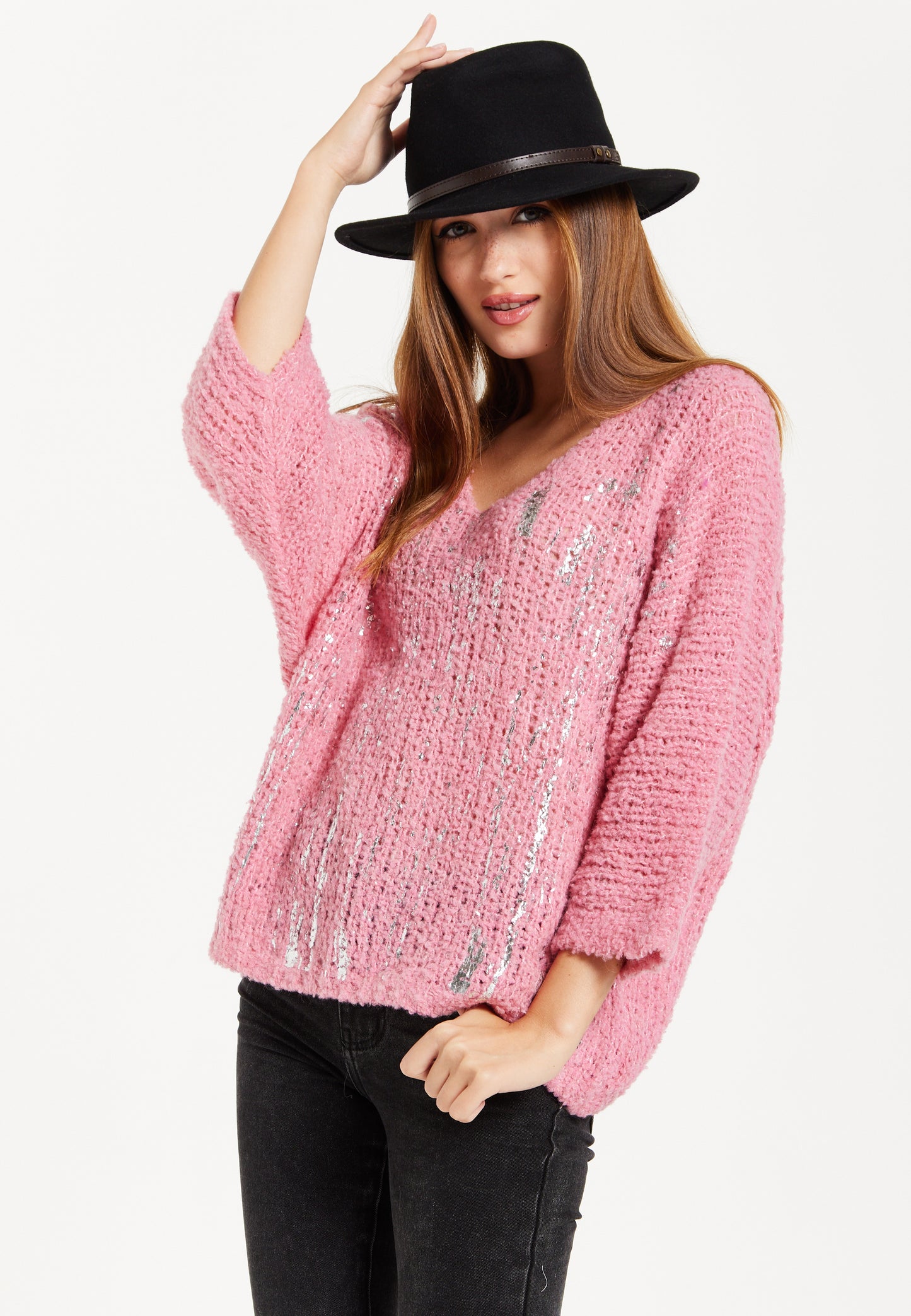 
                  
                    Women's Pink Loose Knit Jumper with Wide Sleeves and Metallic Detail
                  
                