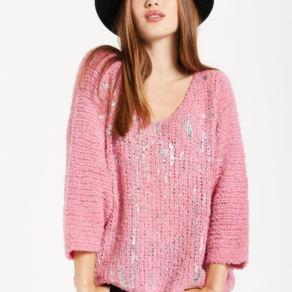 
                  
                    Women's Pink Loose Knit Jumper with Wide Sleeves and Metallic Detail
                  
                