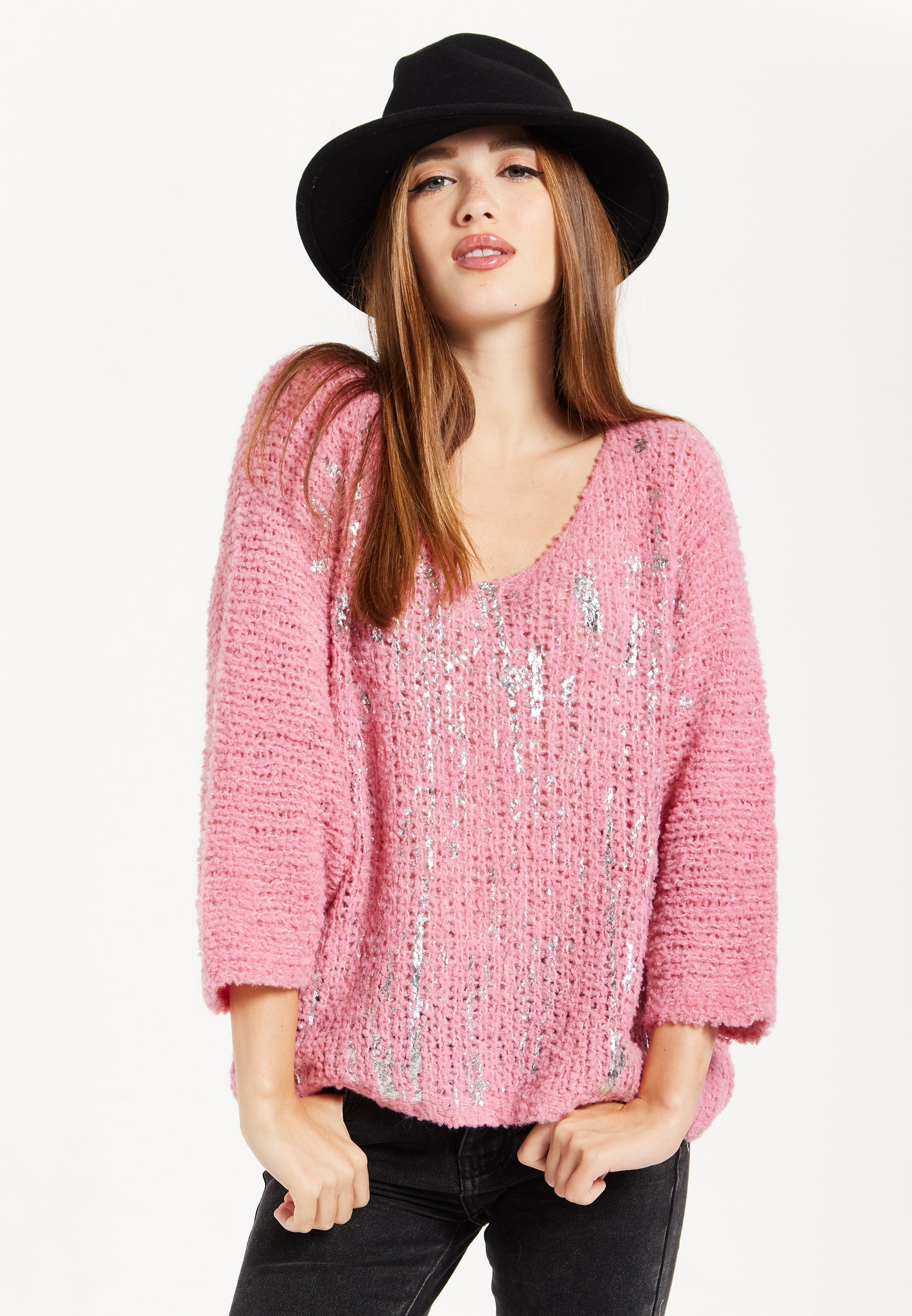 
                  
                    Women's Pink Loose Knit Jumper with Wide Sleeves and Metallic Detail
                  
                