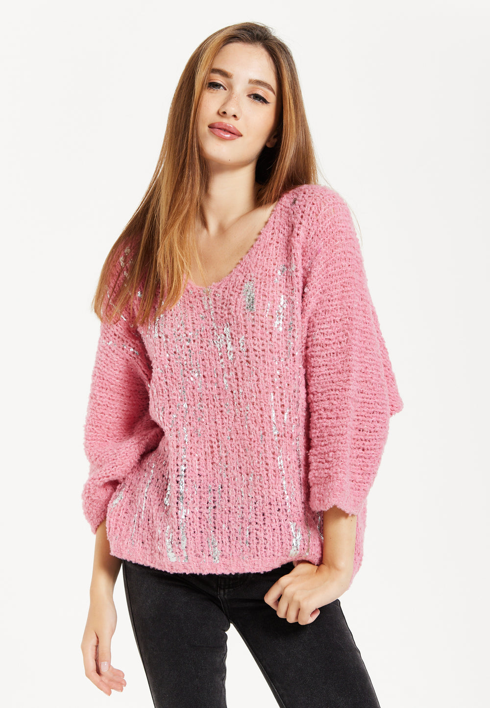 Women's Pink Loose Knit Jumper with Wide Sleeves and Metallic Detail