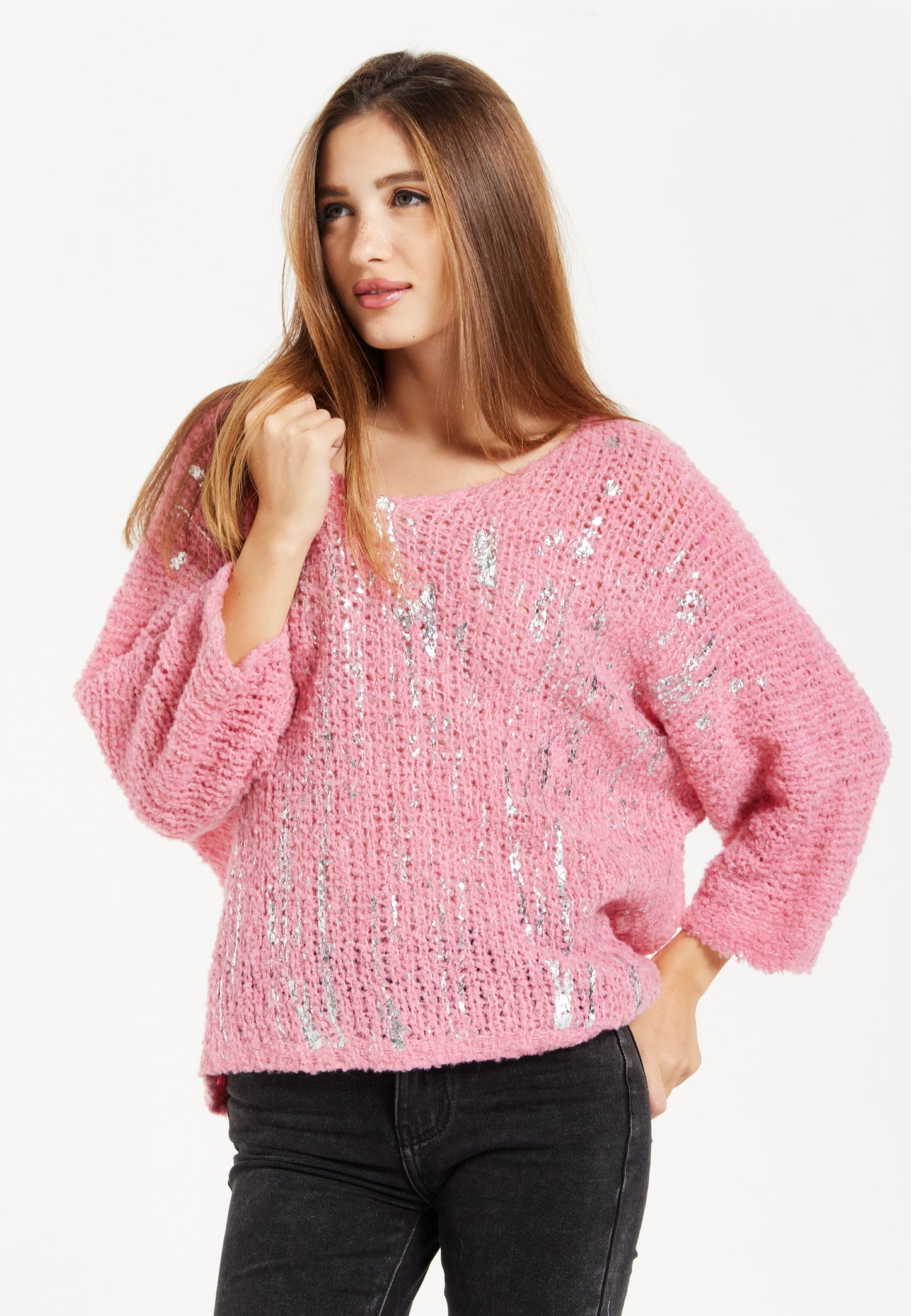 
                  
                    Women's Pink Loose Knit Jumper with Wide Sleeves and Metallic Detail
                  
                