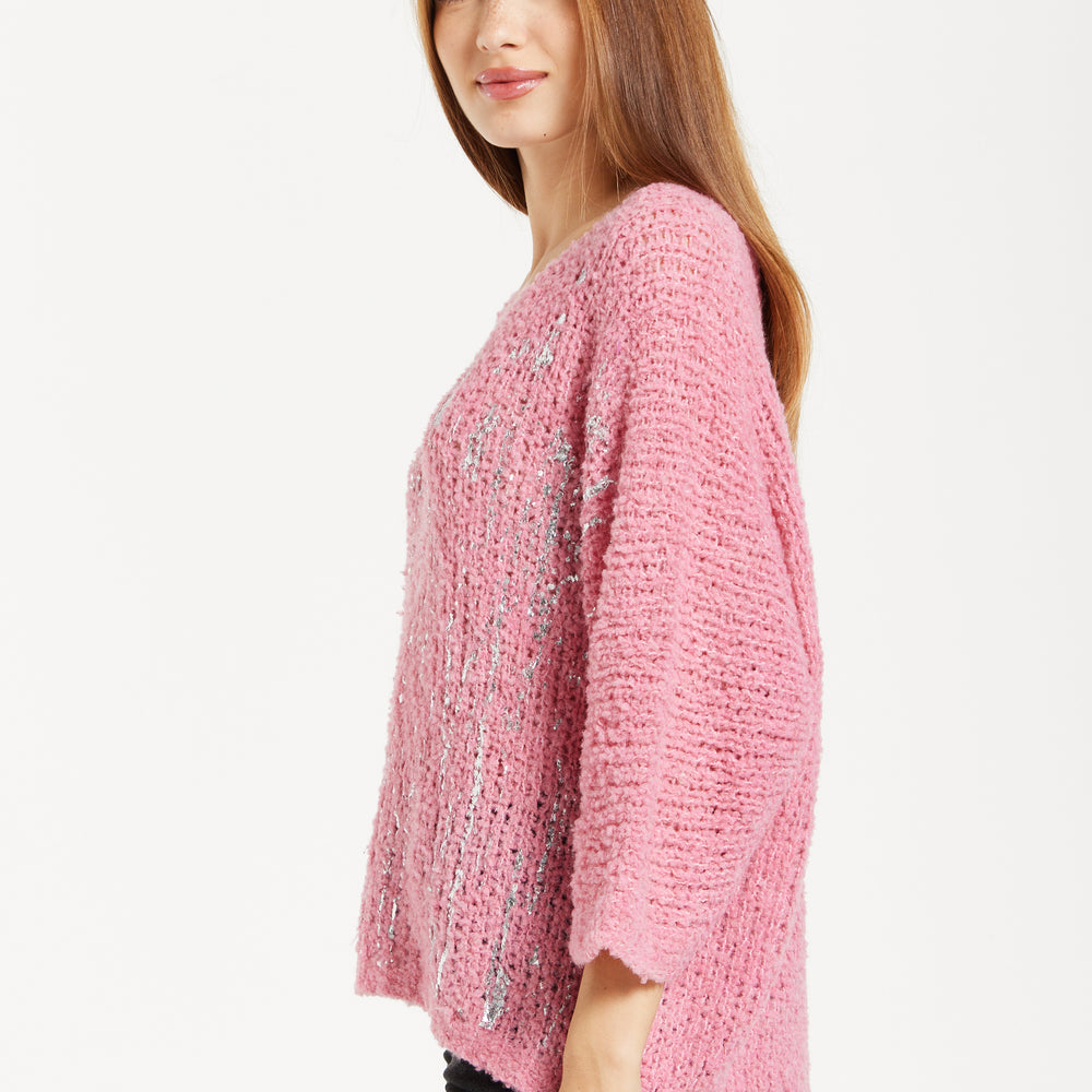 
                  
                    Women's Pink Loose Knit Jumper with Wide Sleeves and Metallic Detail
                  
                