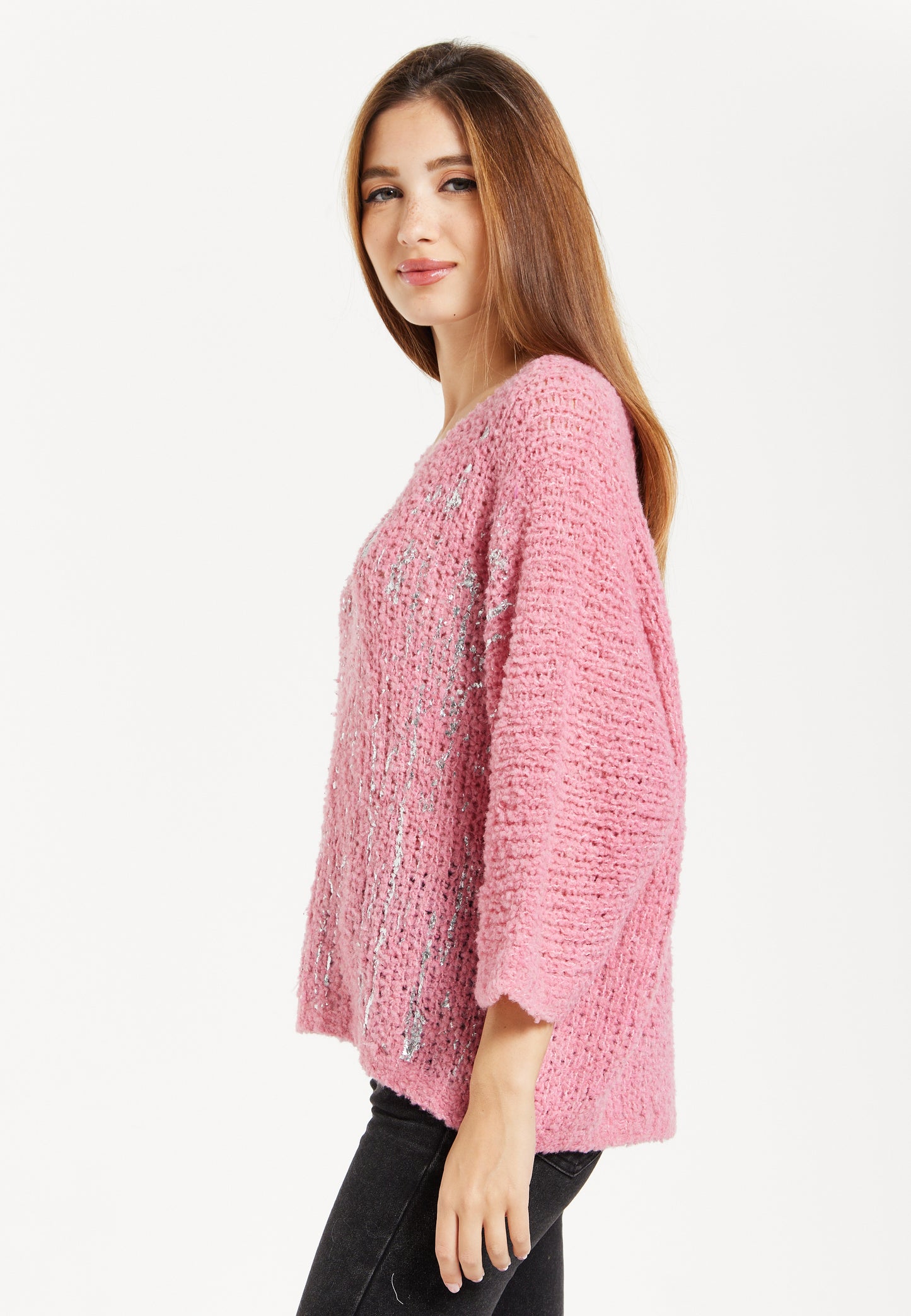 
                  
                    Women's Pink Loose Knit Jumper with Wide Sleeves and Metallic Detail
                  
                