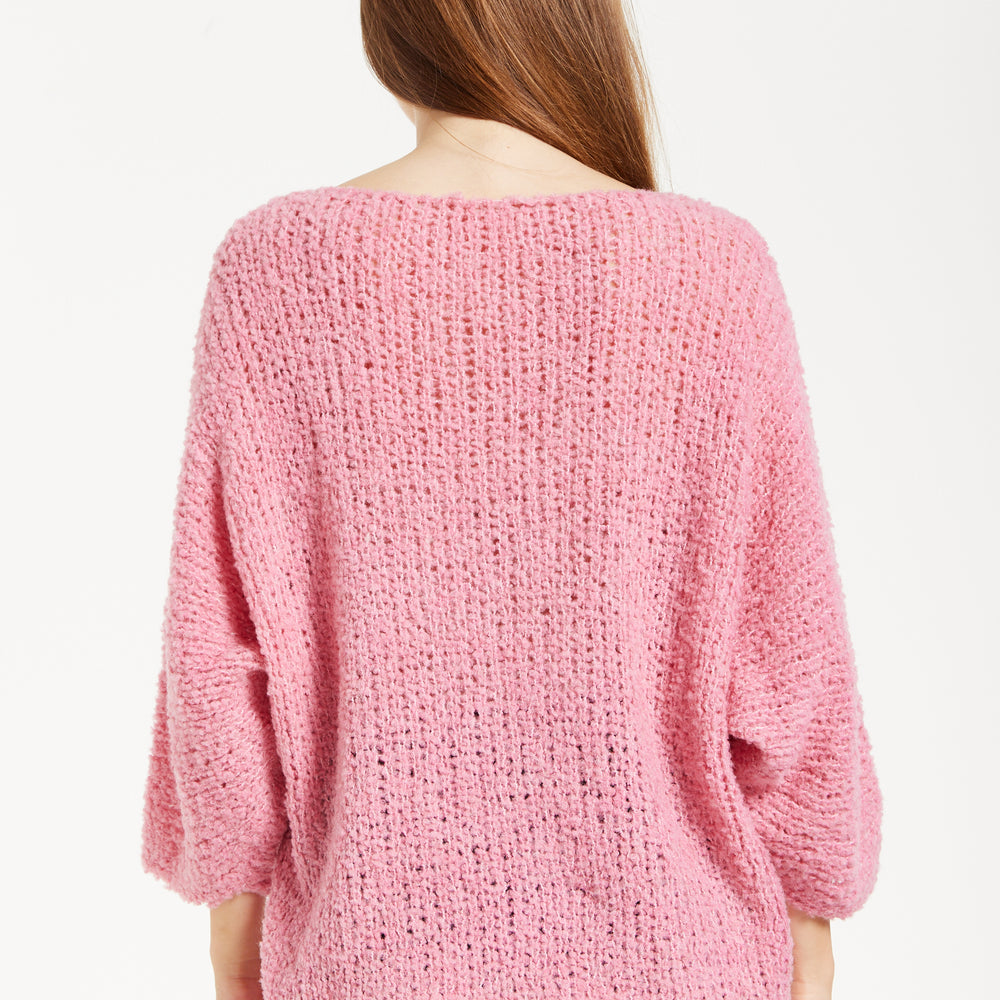 
                  
                    Women's Pink Loose Knit Jumper with Wide Sleeves and Metallic Detail
                  
                