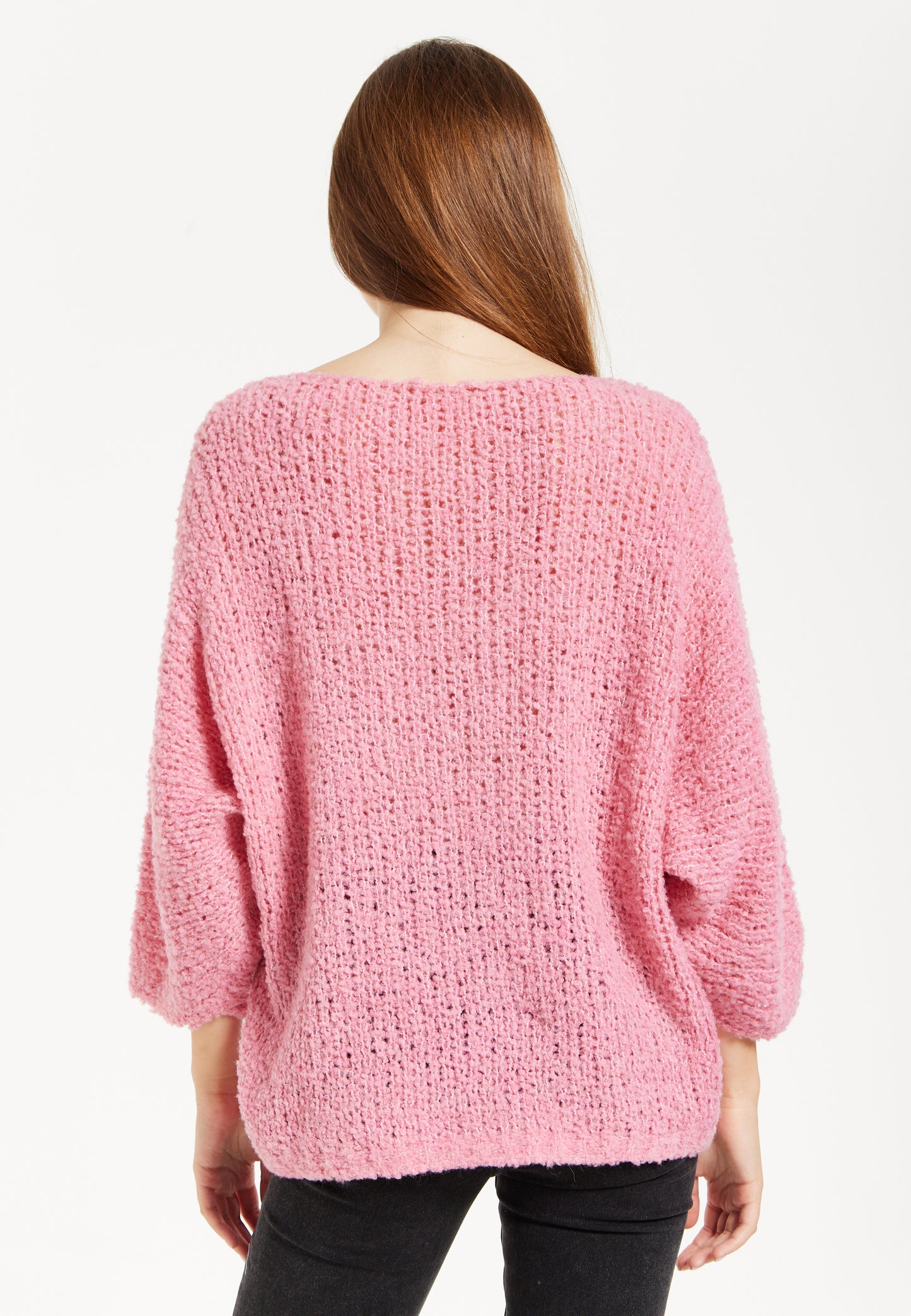 
                  
                    Women's Pink Loose Knit Jumper with Wide Sleeves and Metallic Detail
                  
                