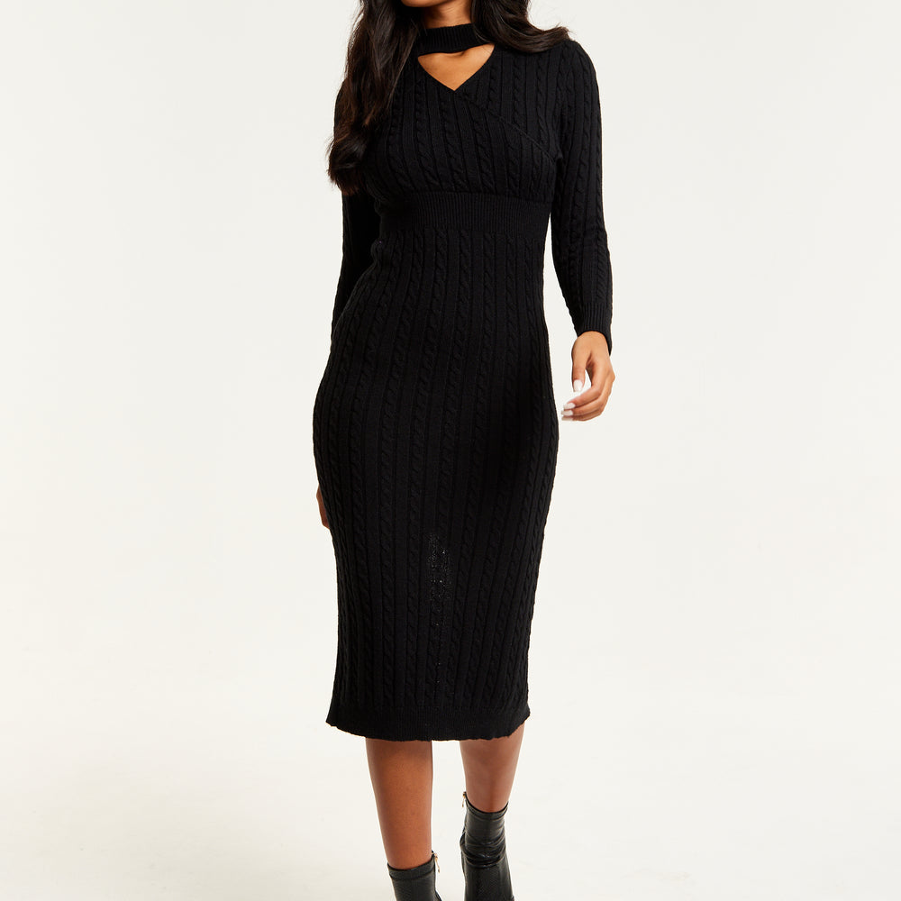 
                  
                    Liquorish Cut Out Front Cable Knit Midi Dress In Black
                  
                