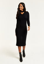 Liquorish Cut Out Front Cable Knit Midi Dress In Black