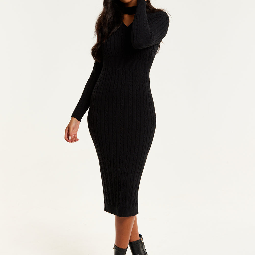 
                  
                    Liquorish Cut Out Front Cable Knit Midi Dress In Black
                  
                