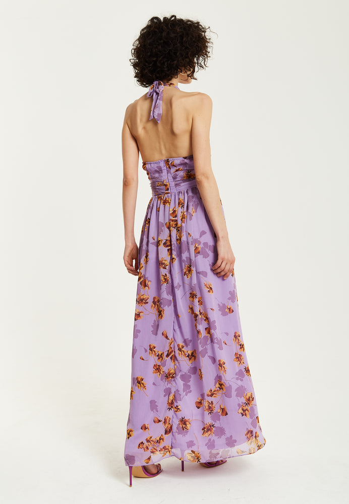 Liquorish Purple Floral Halter Neck Dress