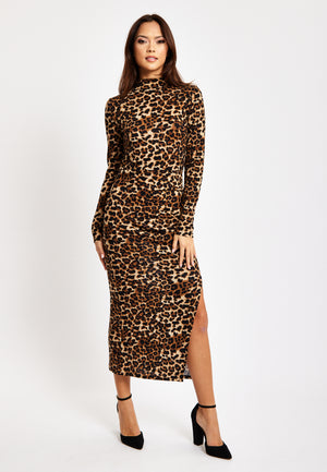 Liquorish Brushed Knit Leopard Print Midi Dress With Front Slit