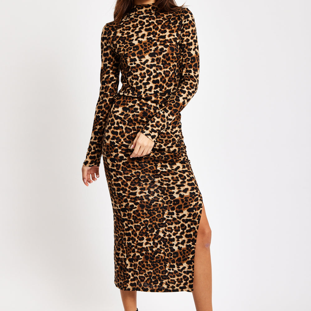 
                  
                    Liquorish Brushed Knit Leopard Print Midi Dress With Front Slit
                  
                