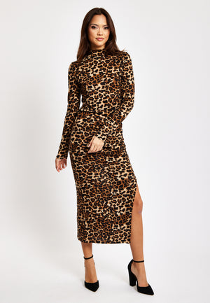 Liquorish Brushed Knit Leopard Print Midi Dress With Front Slit