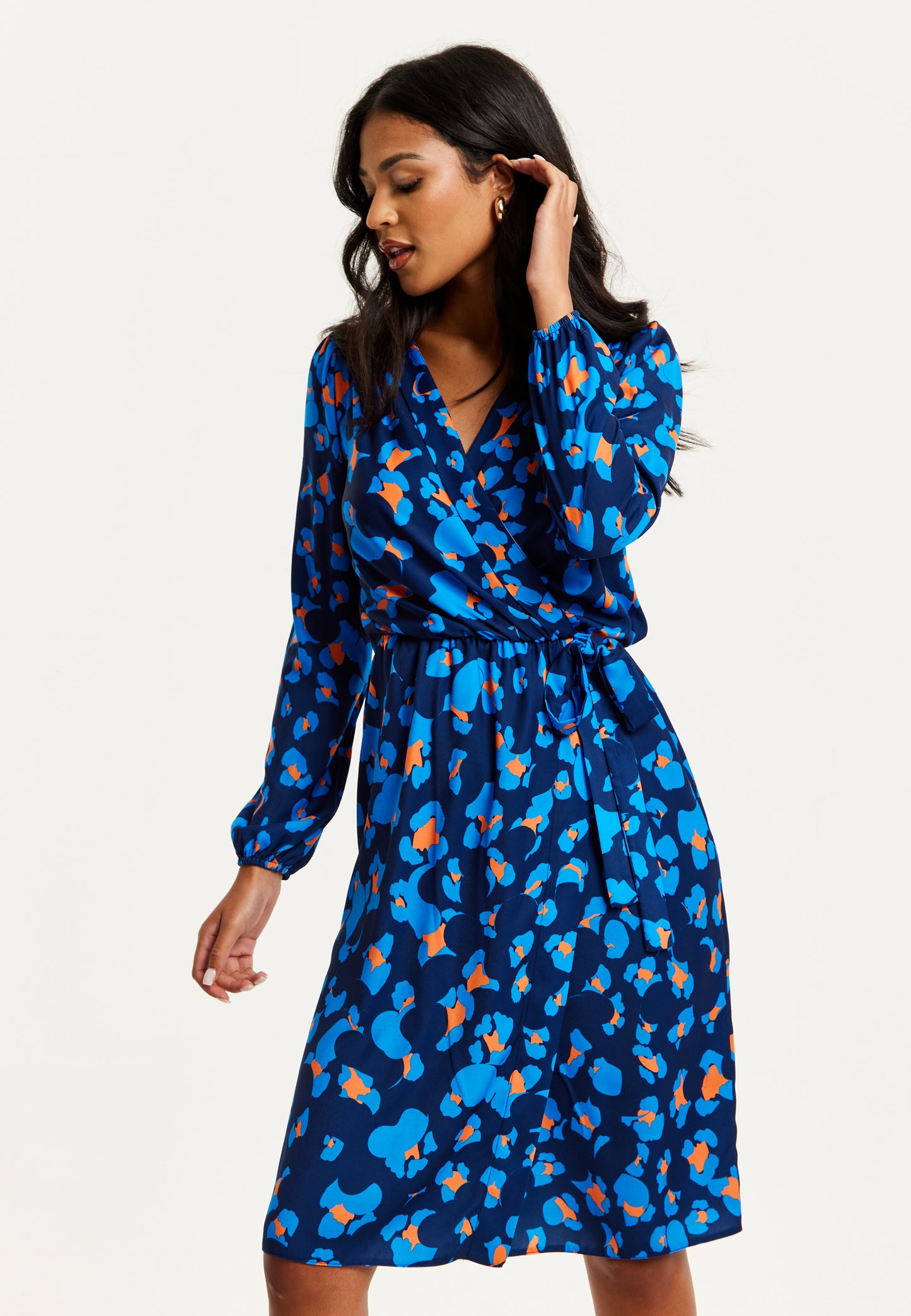 
                  
                    Liquorish Blue Abstract Print Midi Fake Wrap Dress
                  
                