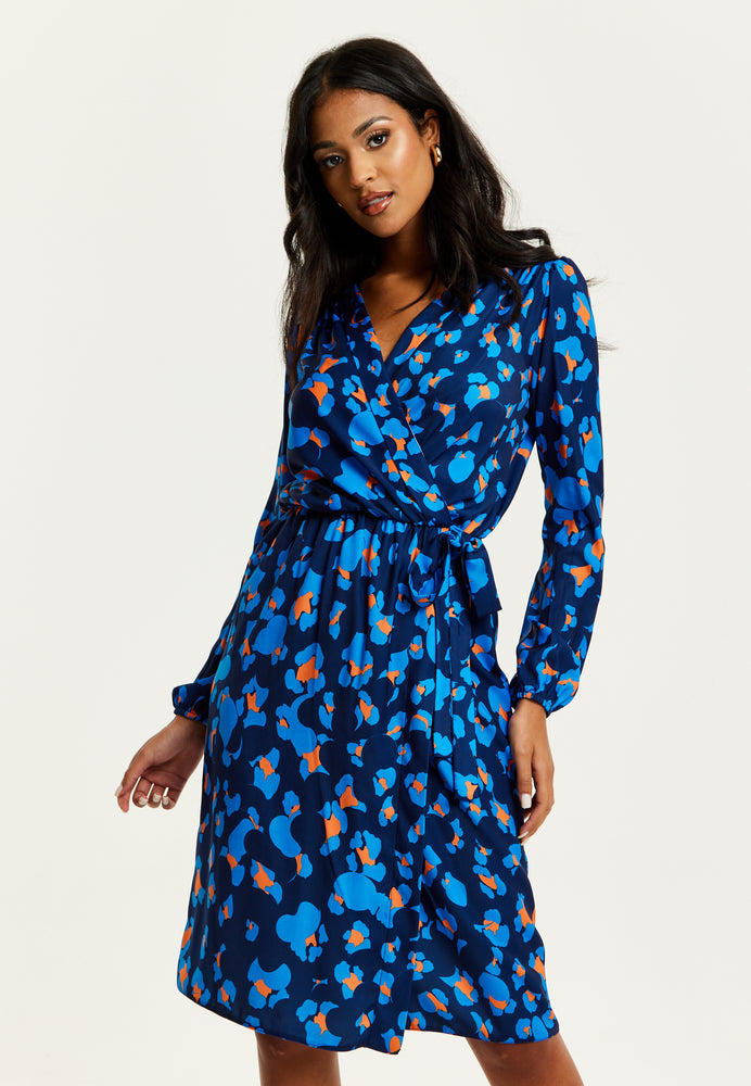 Liquorish Blue Abstract Print Midi Fake Wrap Dress