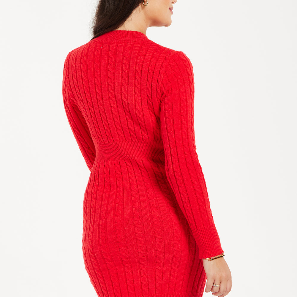 
                  
                    Women's Mini Dress with Long Sleeves and Unique Cut Out Front in Red - Cable Knit Style by Liquorish
                  
                