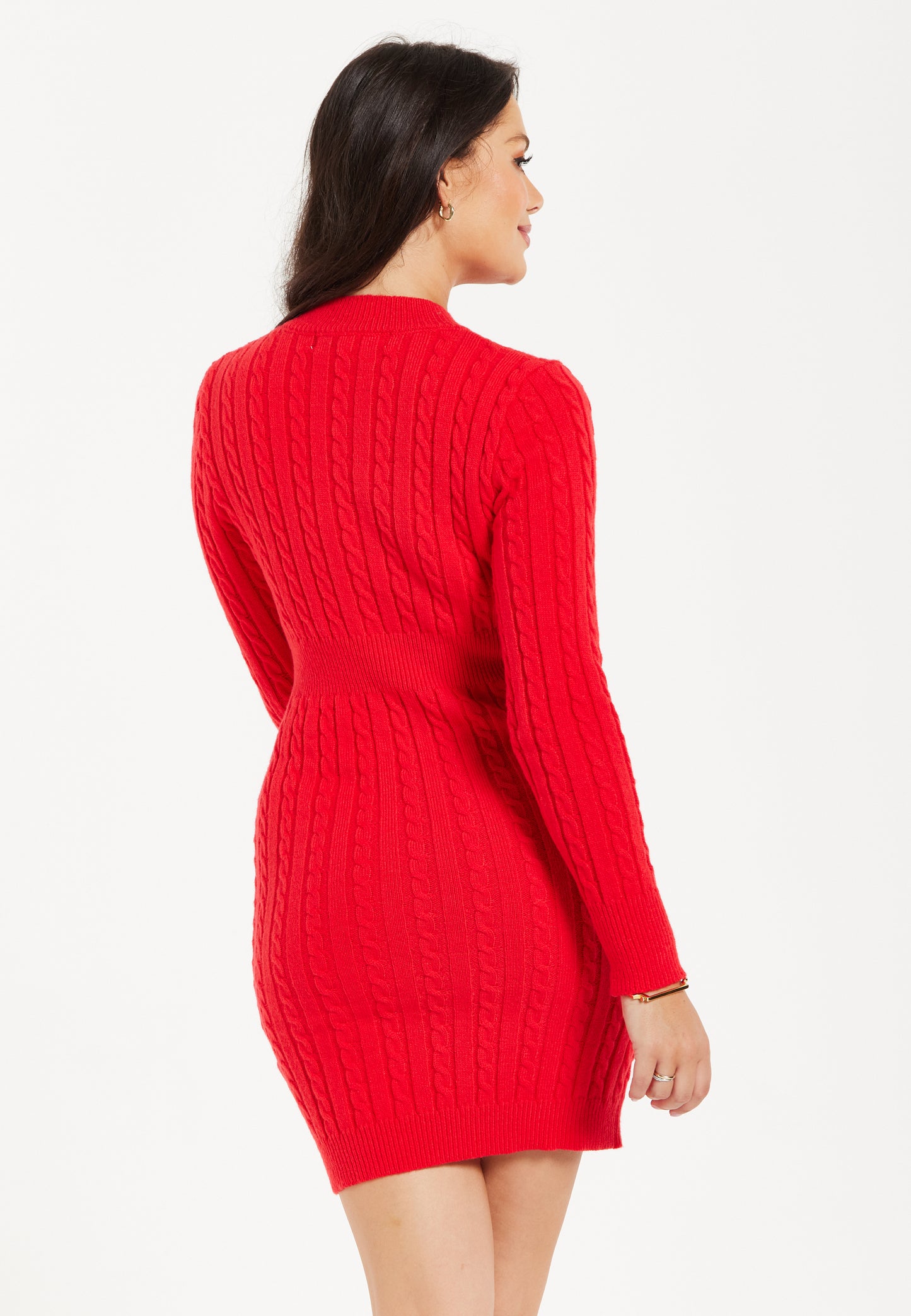 
                  
                    Women's Mini Dress with Long Sleeves and Unique Cut Out Front in Red - Cable Knit Style by Liquorish
                  
                