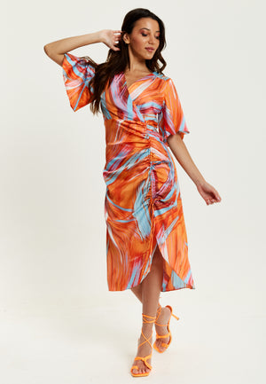 Liquorish Rouching Detail Abstract Brush Stroke Print Midi Dress In Orange