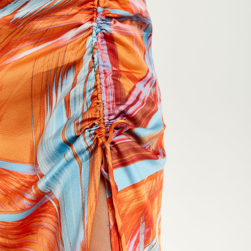 
                  
                    Liquorish Rouching Detail Abstract Brush Stroke Print Midi Dress In Orange
                  
                