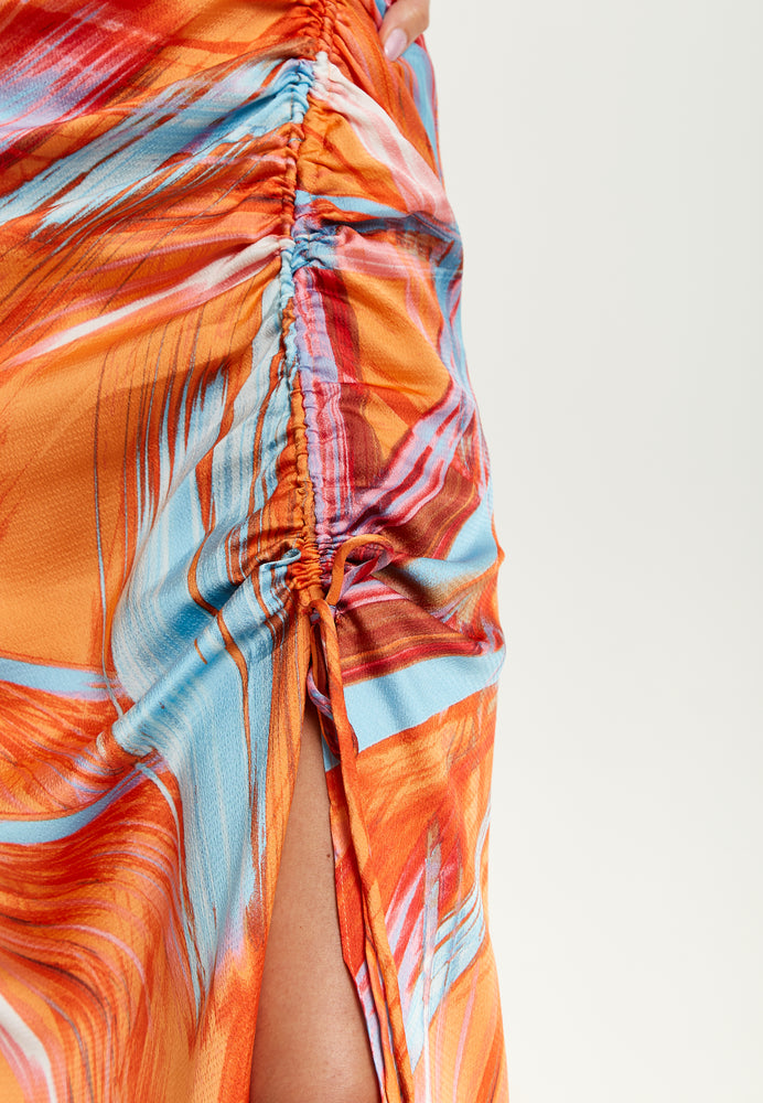 Liquorish Rouching Detail Abstract Brush Stroke Print Midi Dress In Orange