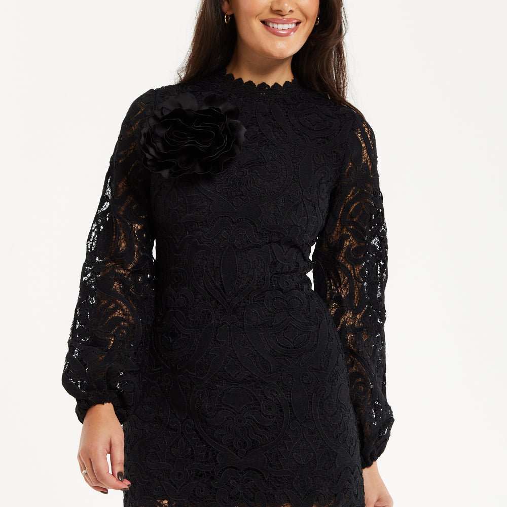 
                  
                    Liquorish Black Lace Mini Dress with Balloon Sleeves and Flower Detail
                  
                