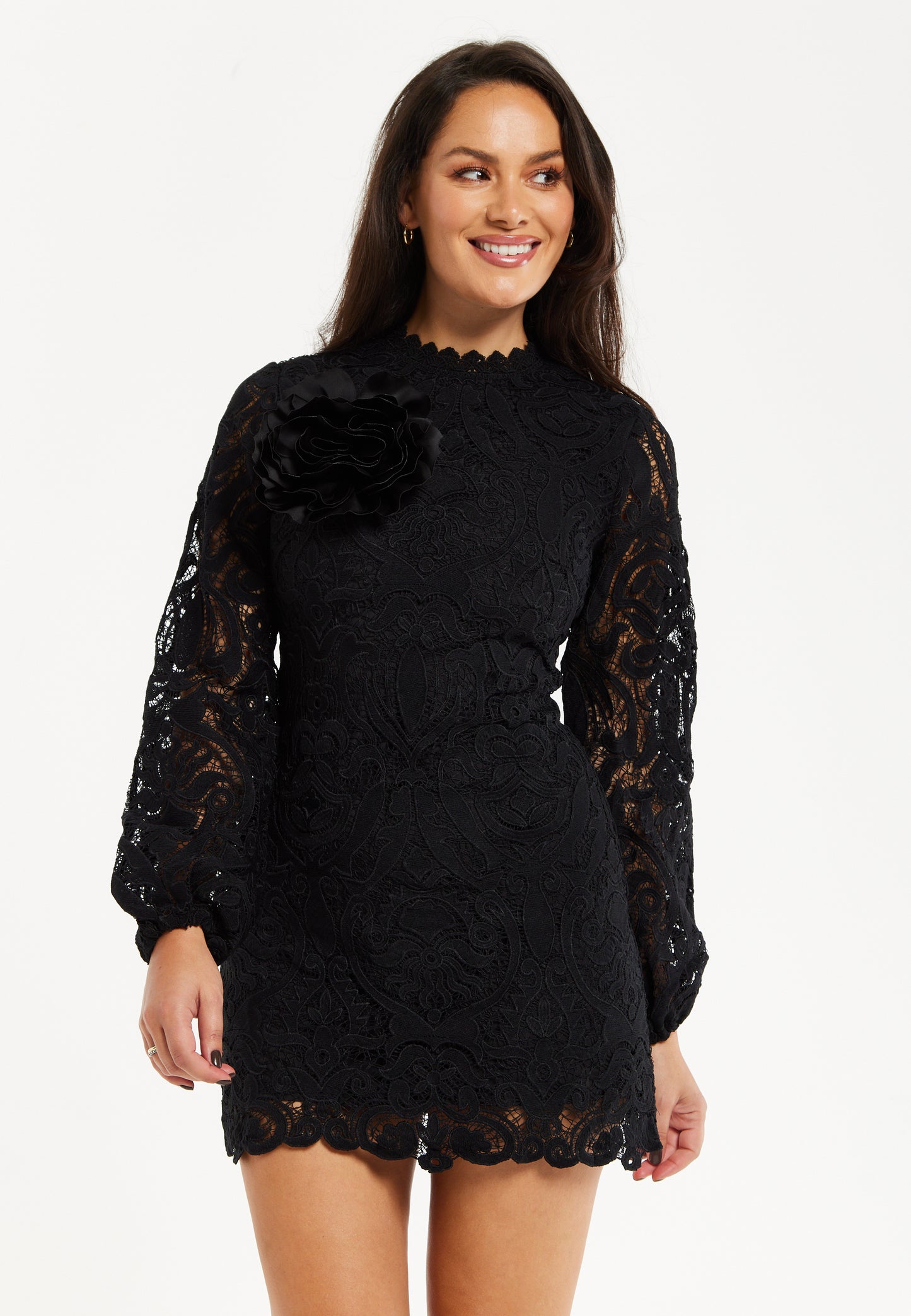 
                  
                    Liquorish Black Lace Mini Dress with Balloon Sleeves and Flower Detail
                  
                