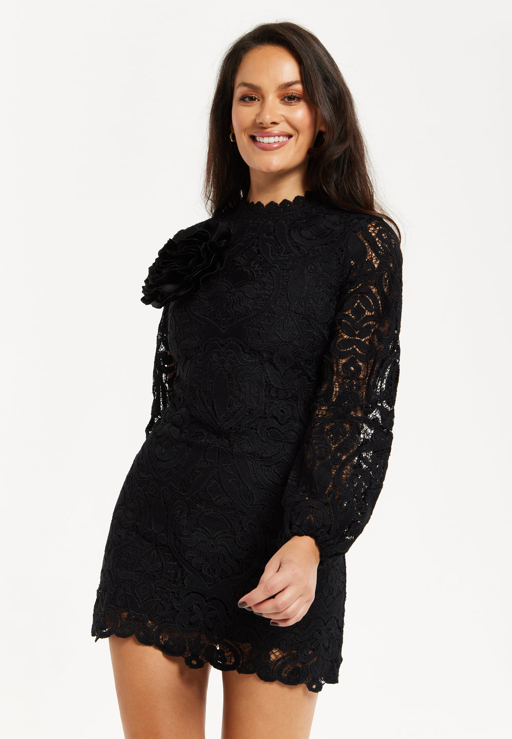 Liquorish Black Lace Mini Dress with Balloon Sleeves and Flower Detail