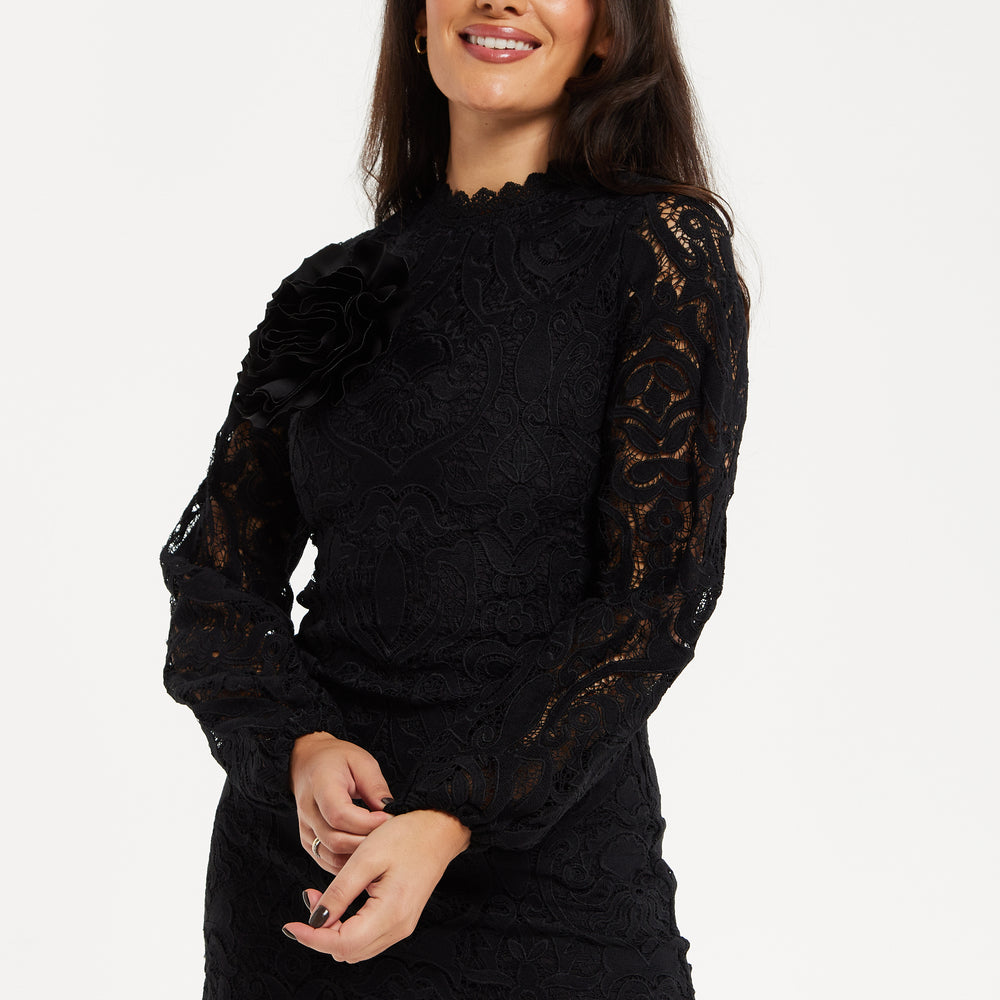 
                  
                    Liquorish Black Lace Mini Dress with Balloon Sleeves and Flower Detail
                  
                