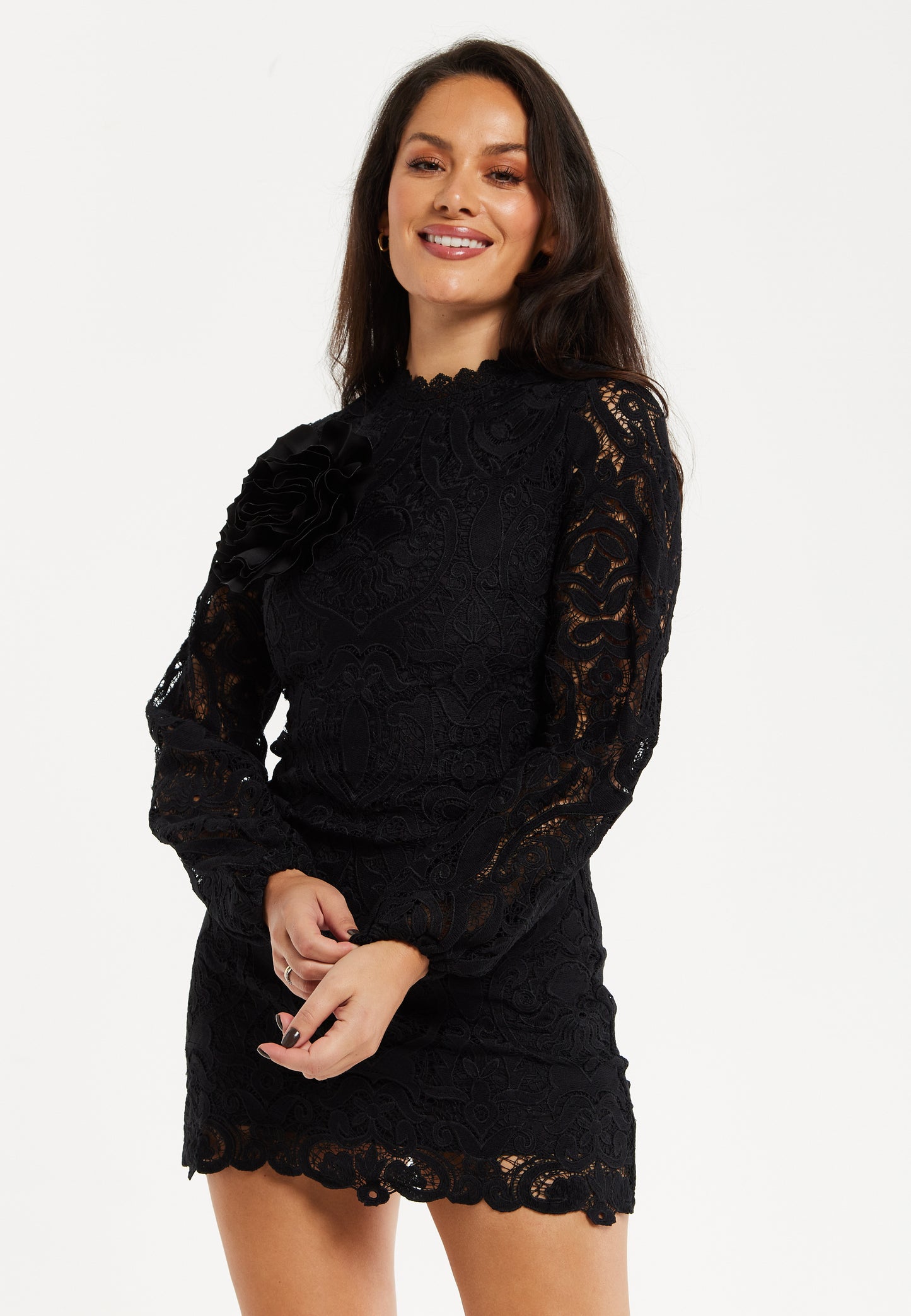 
                  
                    Liquorish Black Lace Mini Dress with Balloon Sleeves and Flower Detail
                  
                