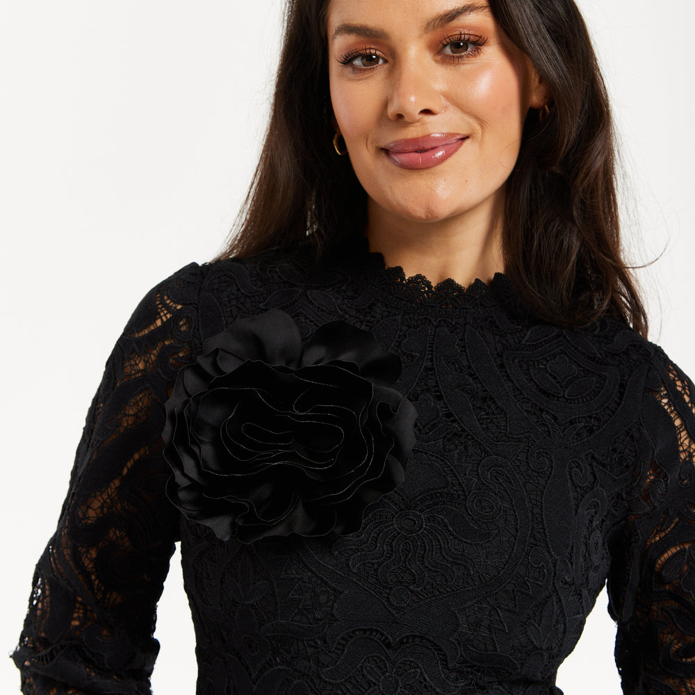 
                  
                    Liquorish Black Lace Mini Dress with Balloon Sleeves and Flower Detail
                  
                