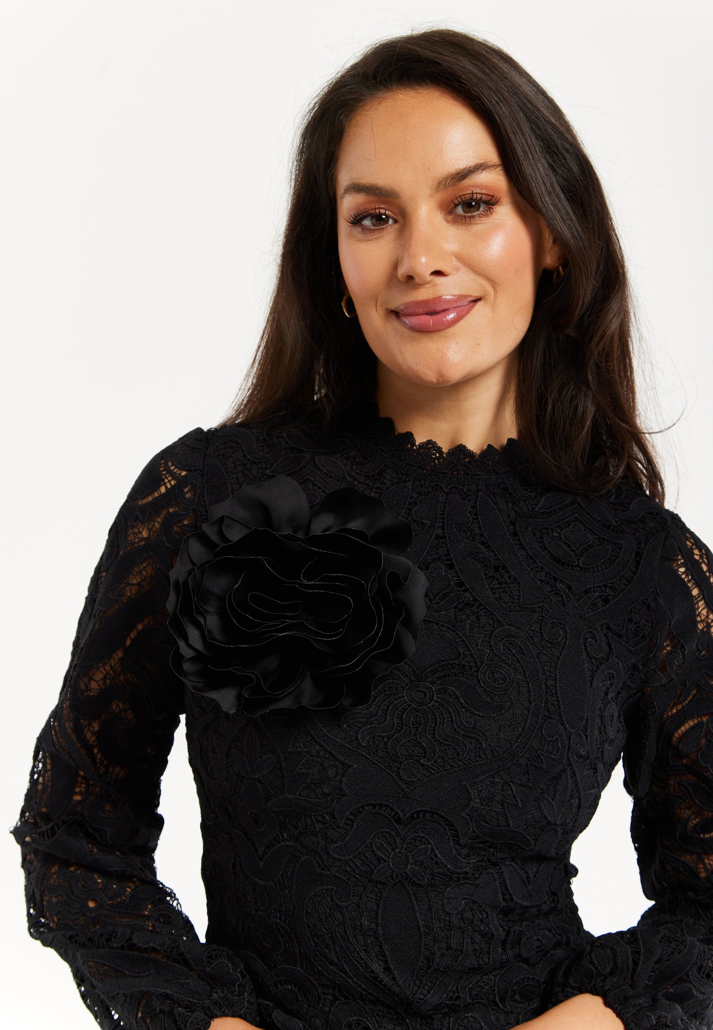 
                  
                    Liquorish Black Lace Mini Dress with Balloon Sleeves and Flower Detail
                  
                