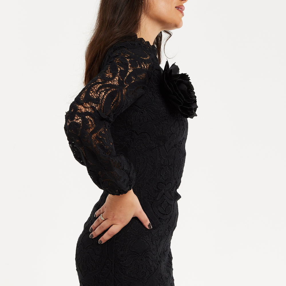 
                  
                    Liquorish Black Lace Mini Dress with Balloon Sleeves and Flower Detail
                  
                