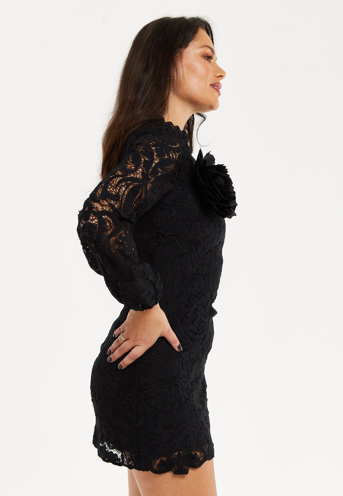 
                  
                    Liquorish Black Lace Mini Dress with Balloon Sleeves and Flower Detail
                  
                