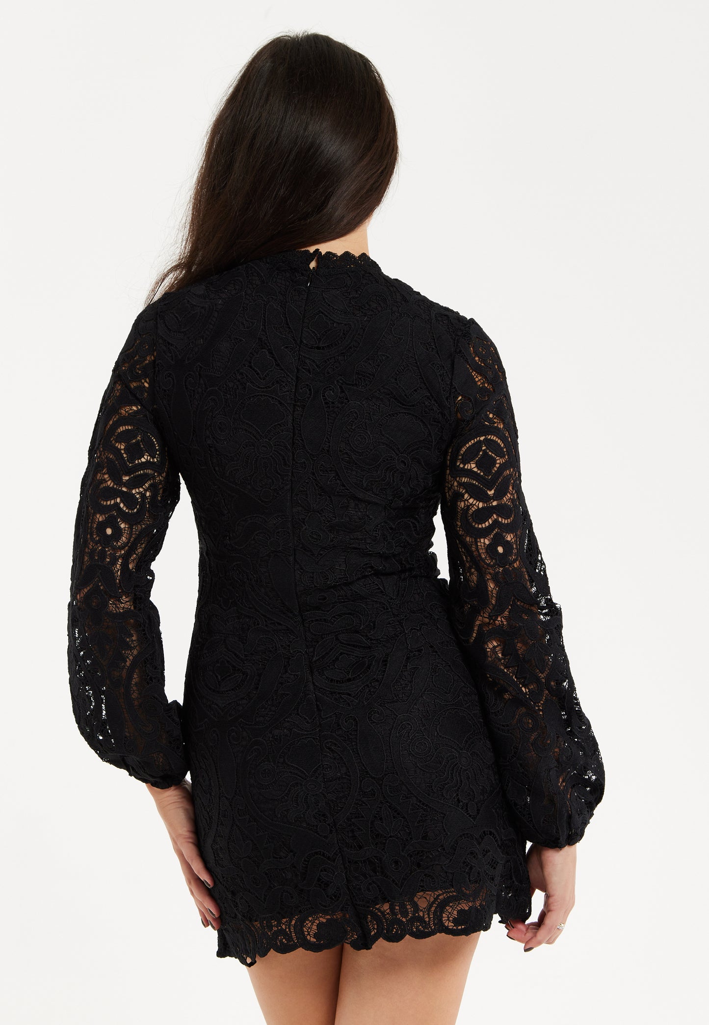 
                  
                    Liquorish Black Lace Mini Dress with Balloon Sleeves and Flower Detail
                  
                