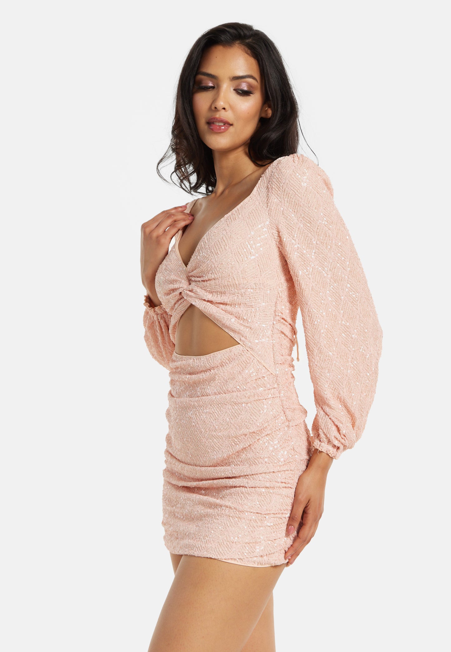 
                  
                    Women's Mini Dress with Puff Long Sleeves and Cut Out Details in Pink Sequin - Stunning Evening Wear by Liquorish
                  
                