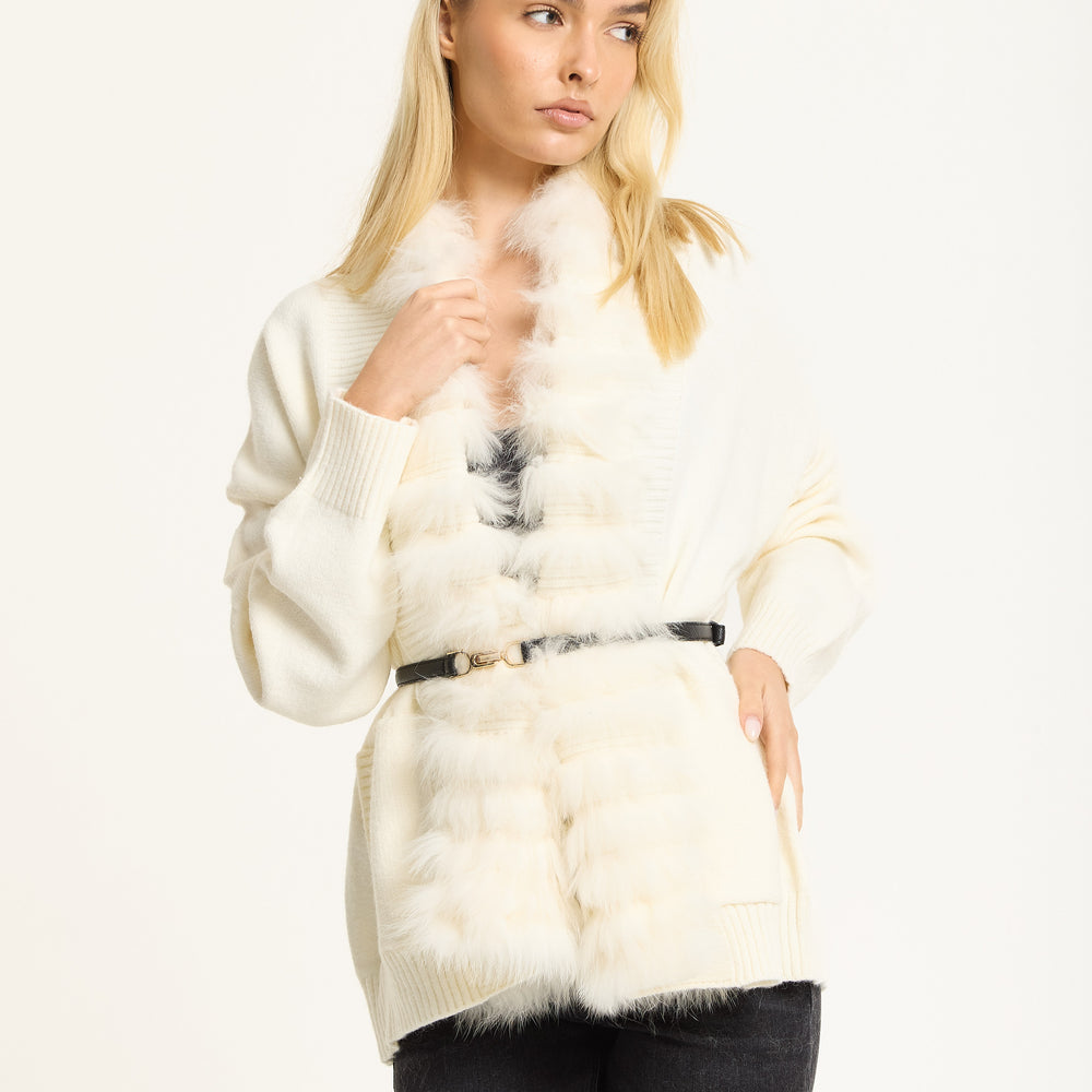 
                  
                    Ivory Faux Fur Trim Belted Cardigan
                  
                