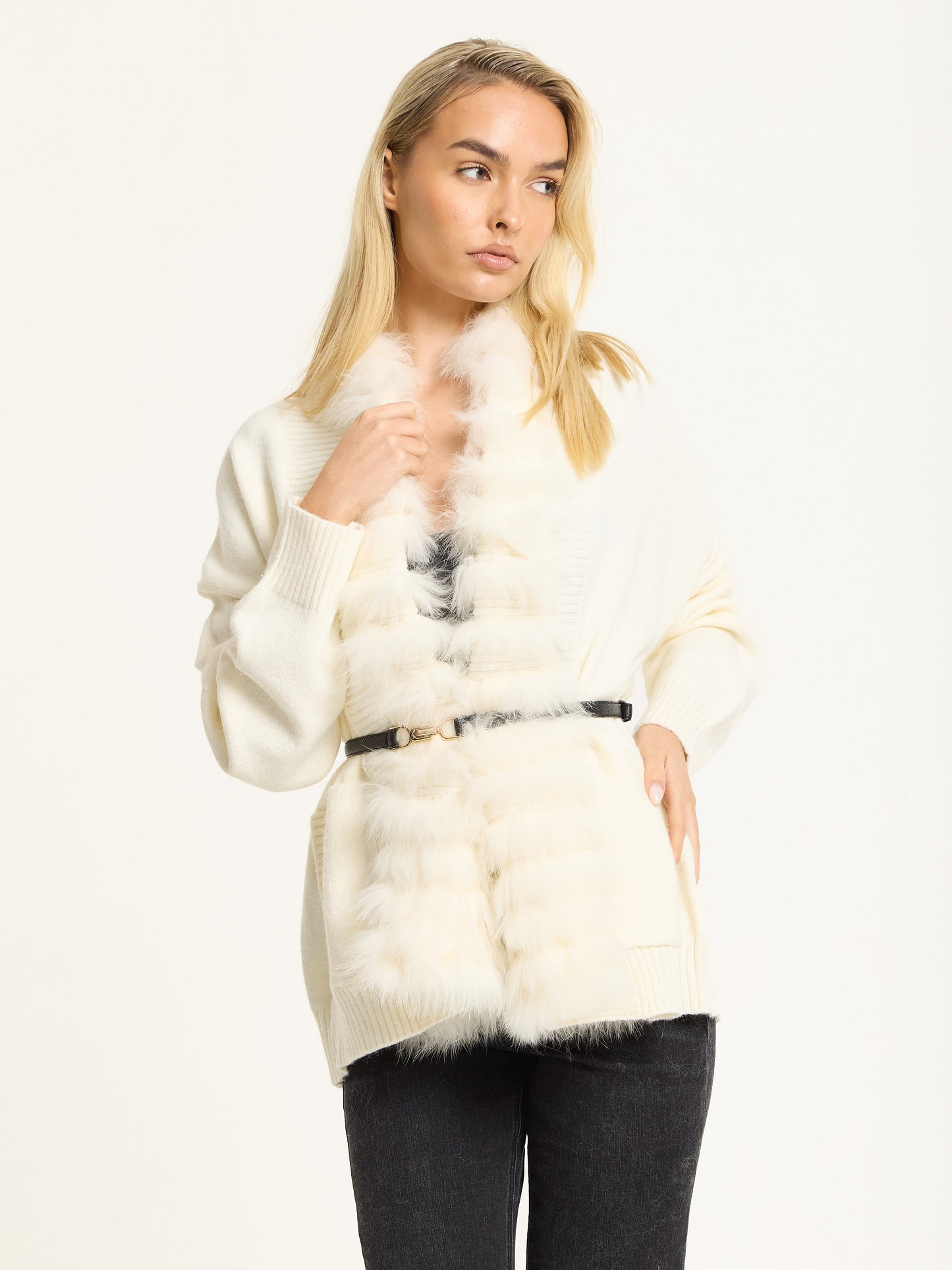 
                  
                    Ivory Faux Fur Trim Belted Cardigan
                  
                