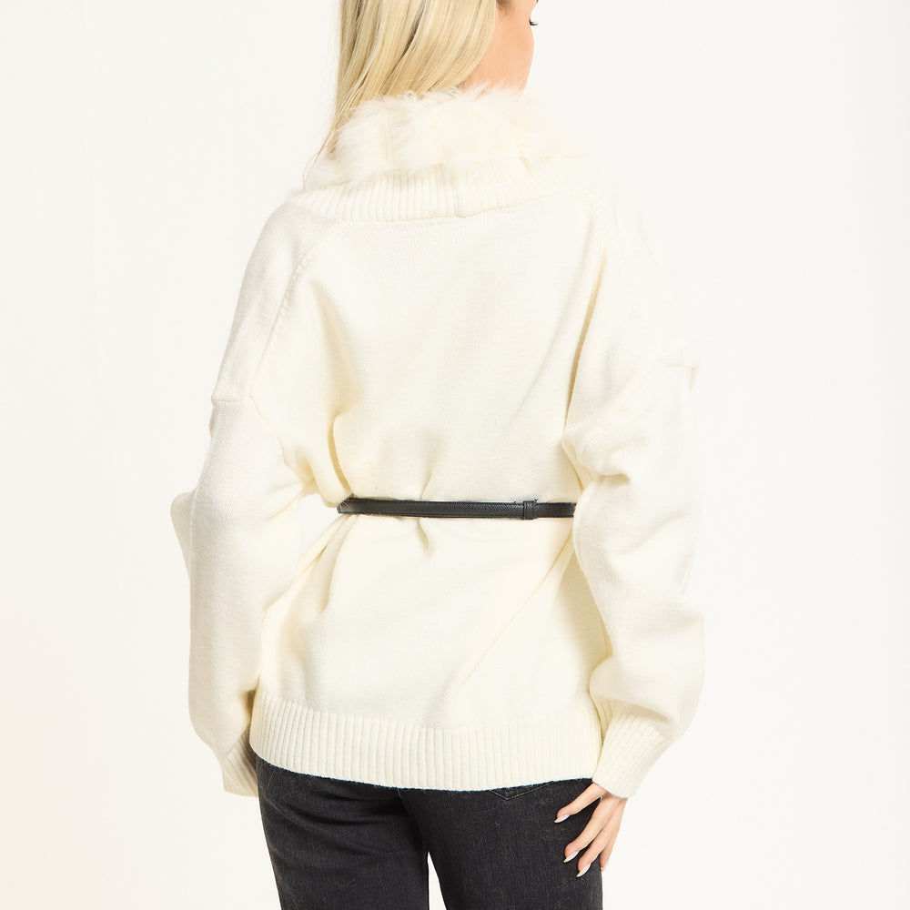 
                  
                    Ivory Faux Fur Trim Belted Cardigan
                  
                