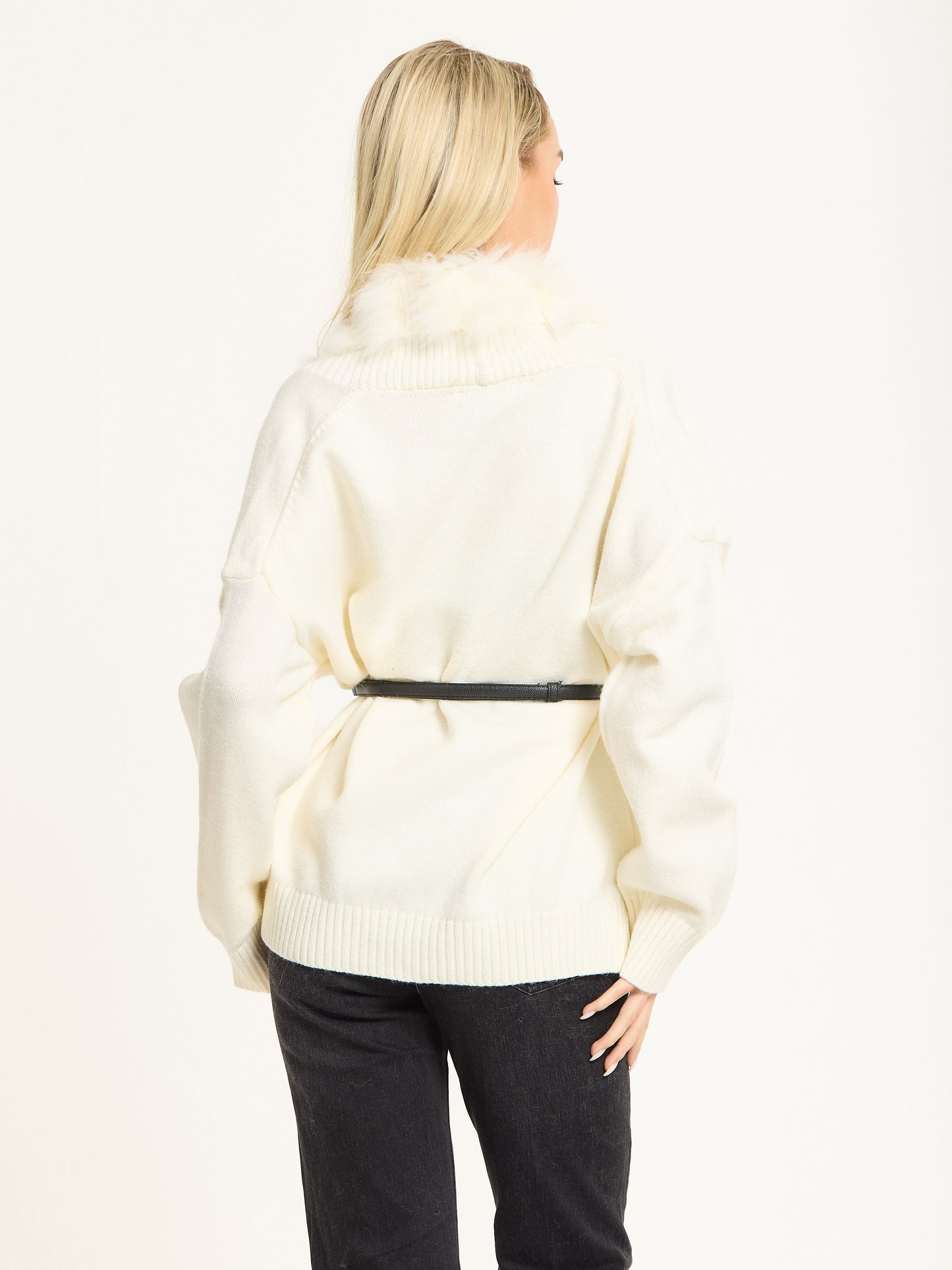 
                  
                    Ivory Faux Fur Trim Belted Cardigan
                  
                