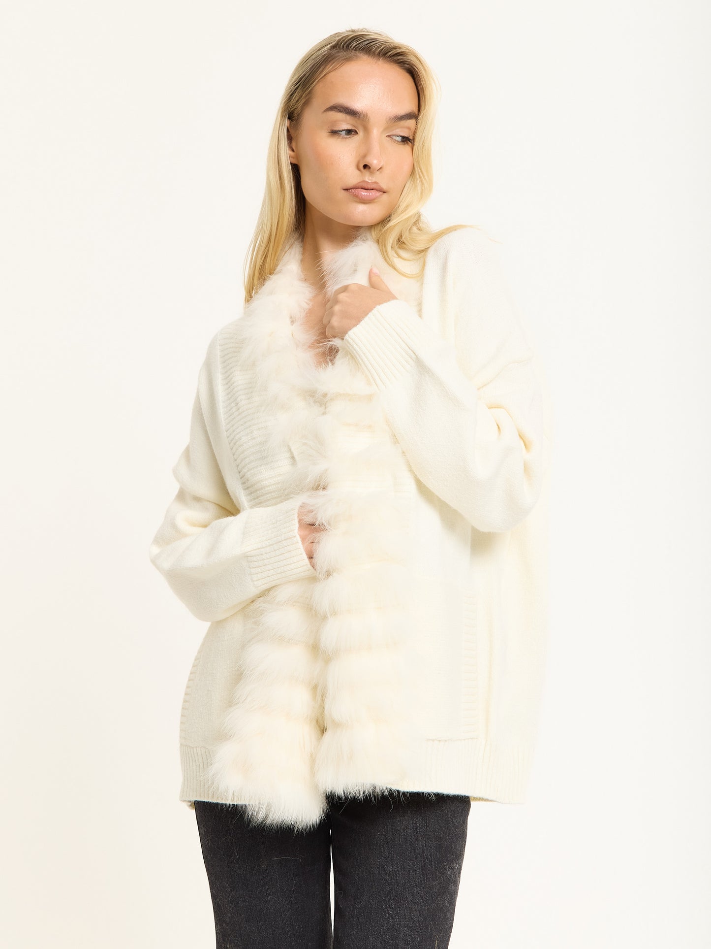 
                  
                    Ivory Faux Fur Trim Belted Cardigan
                  
                
