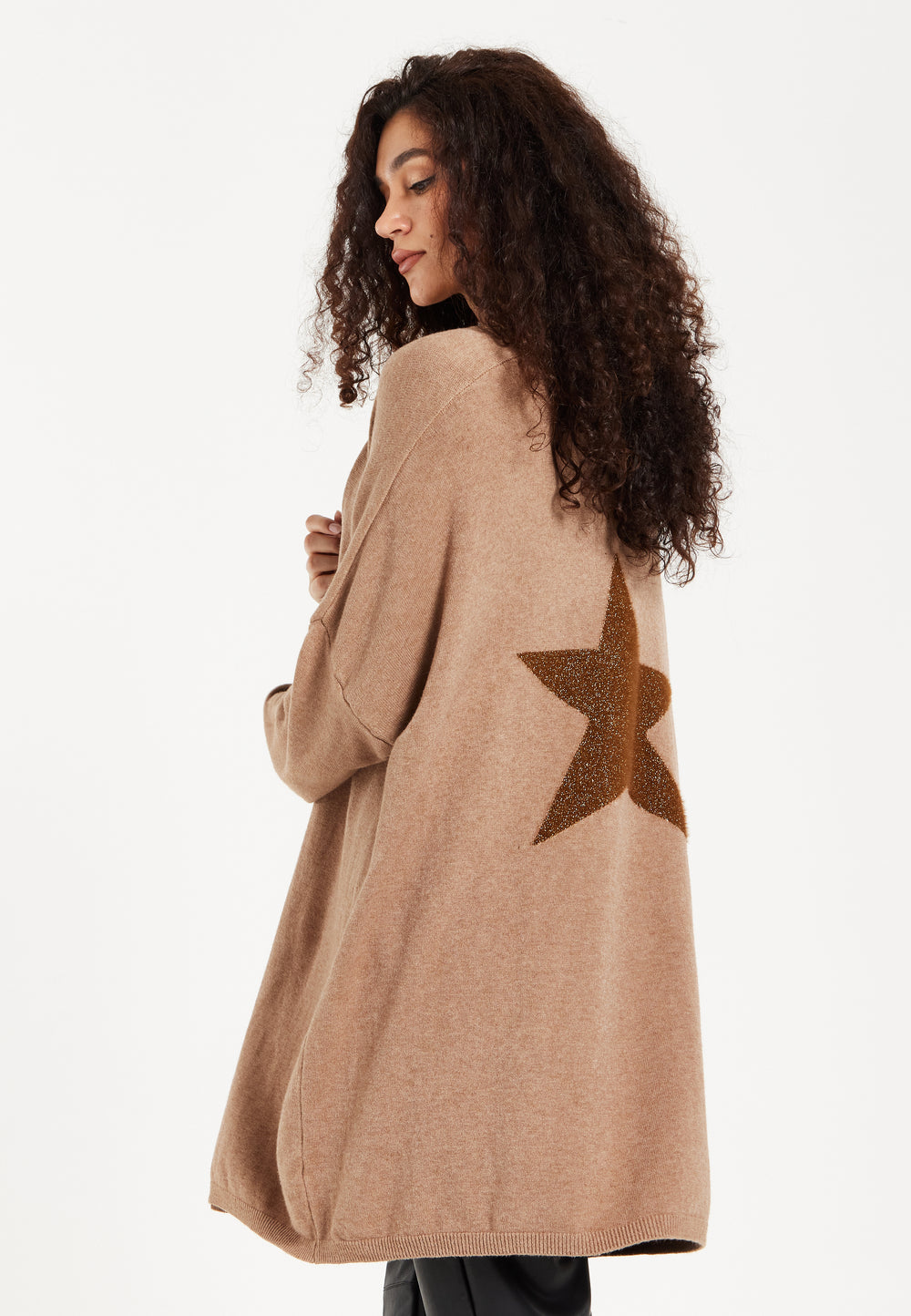 Liquorish Oversized Brown Cardigan with Glitter Star Detail