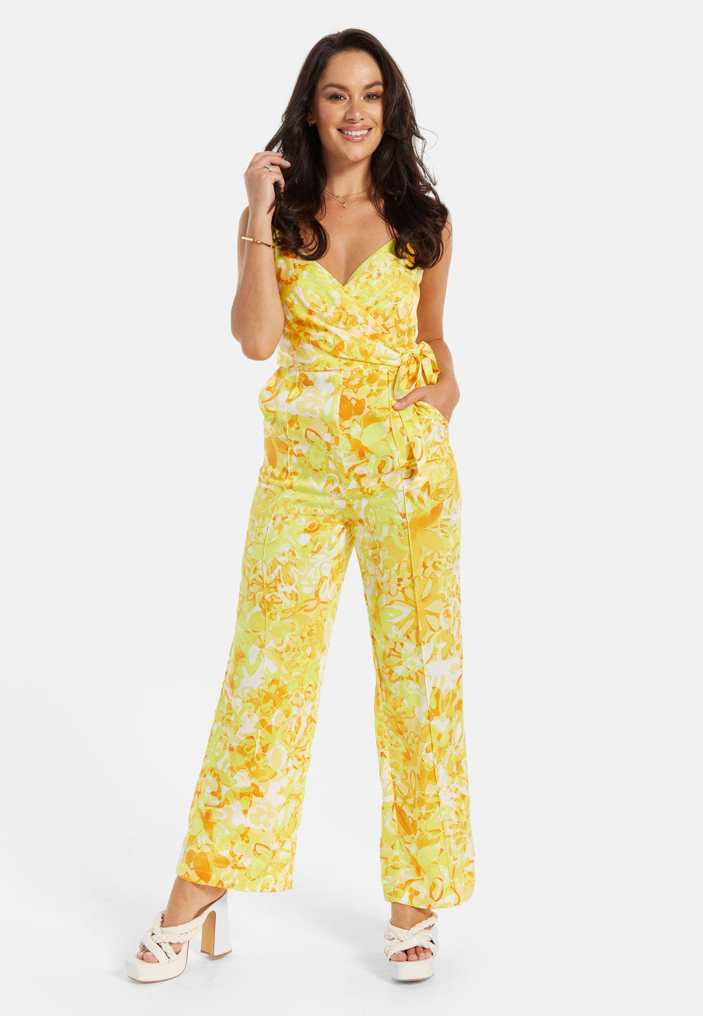 Liquorish Yellow And Orange Floral Print V-Neck Jumpsuit