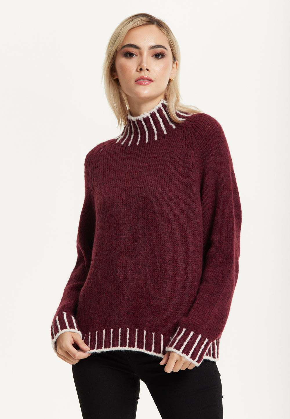 Contrast Rib Wool Blend Jumper Burgundy