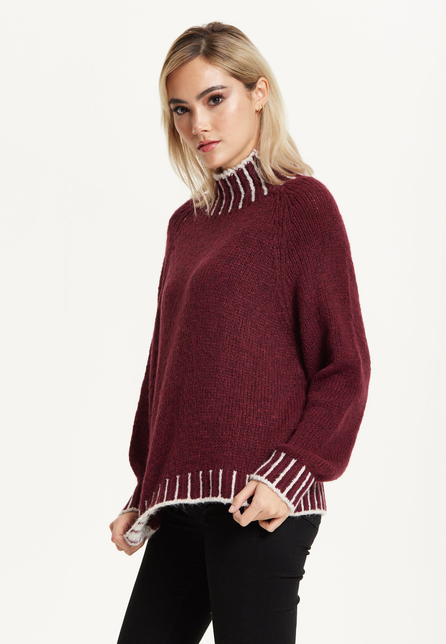 
                  
                    Contrast Rib Wool Blend Jumper Burgundy
                  
                
