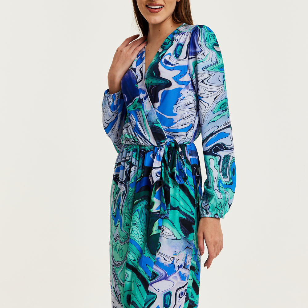 
                  
                    Liquorish Turquoise Marble Print Wrap Midi Dress
                  
                