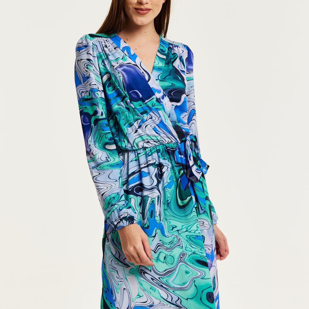 
                  
                    Liquorish Turquoise Marble Print Wrap Midi Dress
                  
                