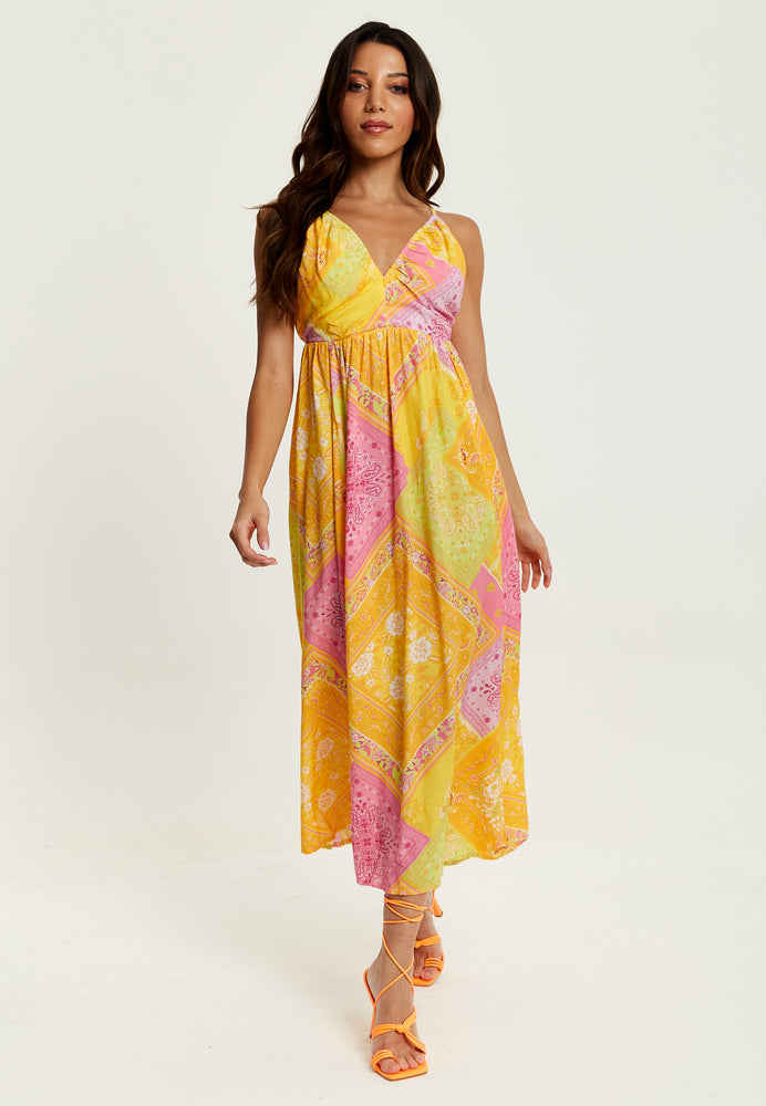 Liquorish Paisley Print Strappy Midi Dress In Yellow and Pink