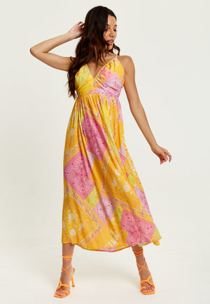Liquorish Paisley Print Strappy Midi Dress In Yellow and Pink